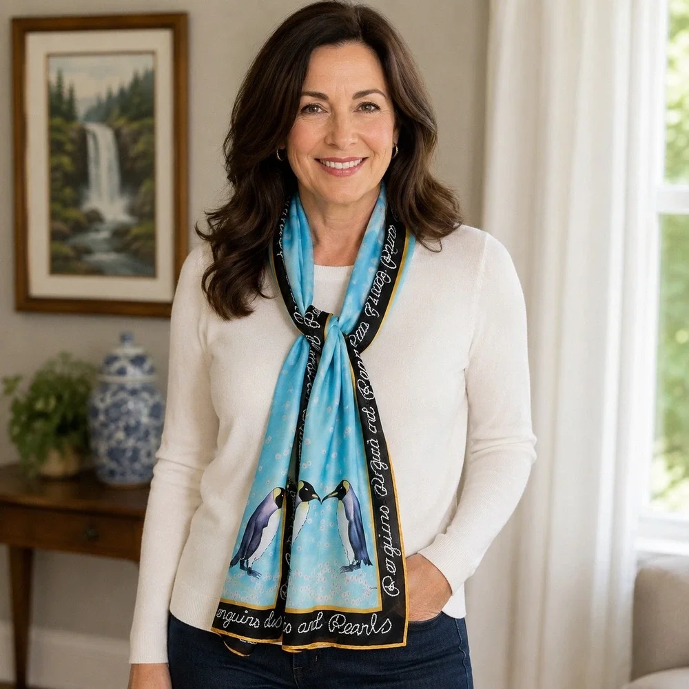 Jane Seymour Signature Collection Penguins and Pearls Blue Scarf Crossing Pointe